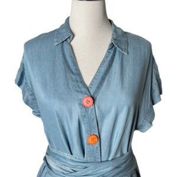 Chelsea & Theodore Womens Denim Tencel Dress Knee Length Rainbow Buttons Size L - Picture 2 of 2